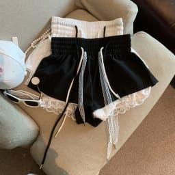 Women's Patchwork Fake Two-piece Lace Shorts High Elastic Waist Drawstring A-shaped Casual Shorts Pants