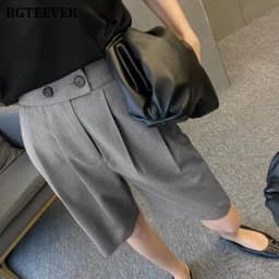 BGTEEVER Casual High Waist Double Button Solid Straight Shorts Women Spring Summer Fashion Ladies Wide Leg Suits Shorts