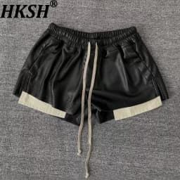 HKSH 2026 Summer New Women's PU Leather Shorts Dark RO Style Side Split Color Block Elastic Waisted Drawstring Hot Pants HK18687