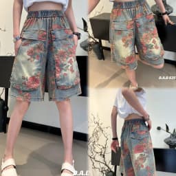 High Waist Casual Jeans Shorts Women Denim Shorts Vintage Summer Floral Print Loose Big Pocket Lady Denim Pants New Chic Clothes