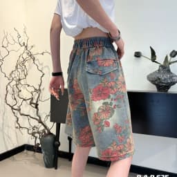 High Waist Casual Jeans Shorts Women Denim Shorts Vintage Summer Floral Print Loose Big Pocket Lady Denim Pants New Chic Clothes