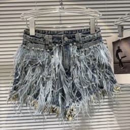 DEAT Streetwear Fashion Diamond Beads Feather Tassels Denim Shorts For Women High Waist Short Pants 2024 Female Autumn 11XX5620