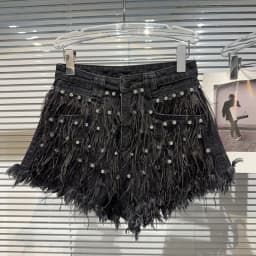 DEAT Streetwear Fashion Diamond Beads Feather Tassels Denim Shorts For Women High Waist Short Pants 2024 Female Autumn 11XX5620