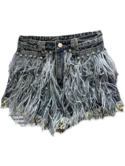 DEAT Streetwear Fashion Diamond Beads Feather Tassels Denim Shorts For Women High Waist Short Pants 2024 Female Autumn 11XX5620
