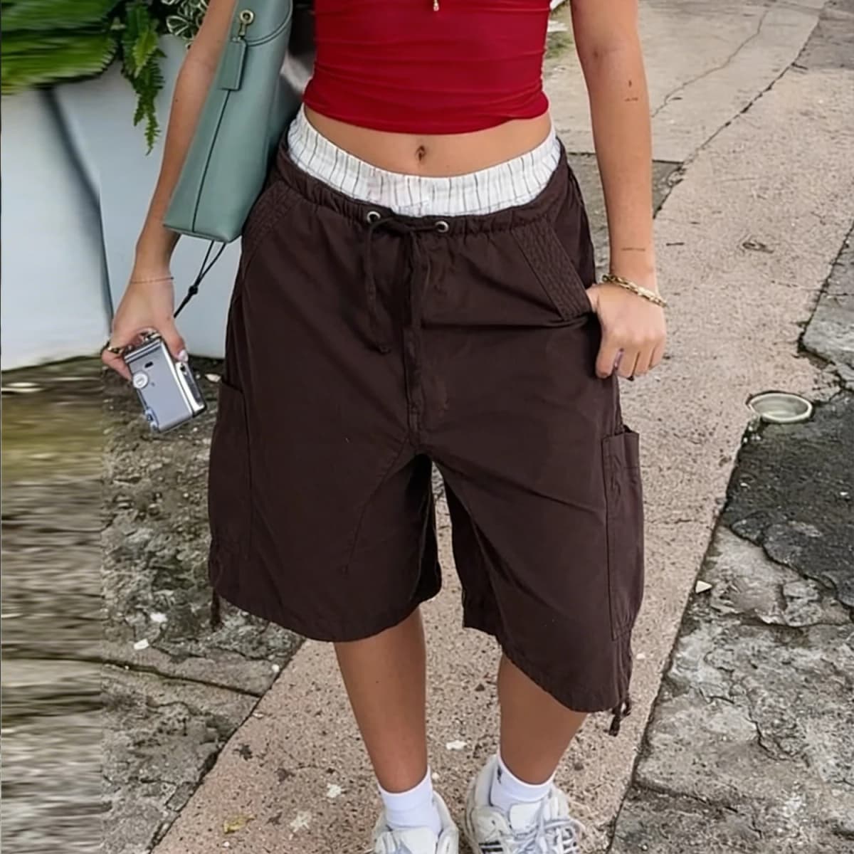 Y2K Cargo Jean Shorts Women Summer Solid Color Drawstring Low Rise Baggy Denim Shorts Casual Jorts Vintage Streetwear
