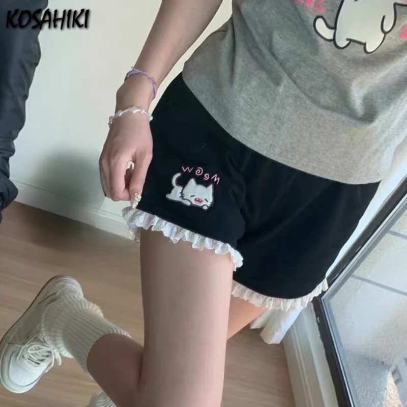 Lace Patchwork Wide Leg Shorts Women 2026 Summer Japanese Cat Embroidery Elastic Waist Short Pants Y2k Aesthetic Casual Trousers