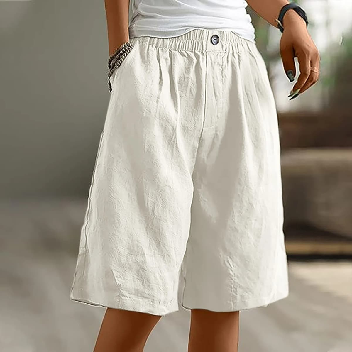 Knee Length Women’S Shorts Summer White Cotton Linen Straight Wide Leg Shorts Thin Breathable Linen Casual Solid Palazzo Pants