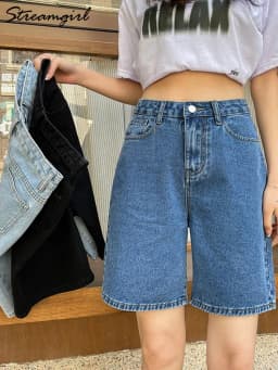 Streamgirl High Waisted Jeans Shorts Women 2025 Vintage Shorts Denim Loose Female Short Straight Jeans Shorts For Women Summer