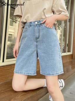 Streamgirl High Waisted Jeans Shorts Women 2025 Vintage Shorts Denim Loose Female Short Straight Jeans Shorts For Women Summer