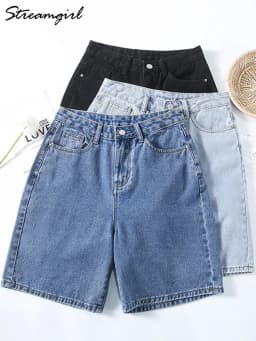 Streamgirl High Waisted Jeans Shorts Women 2025 Vintage Shorts Denim Loose Female Short Straight Jeans Shorts For Women Summer
