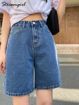 Streamgirl High Waisted Jeans Shorts Women 2025 Vintage Shorts Denim Loose Female Short Straight Jeans Shorts For Women Summer