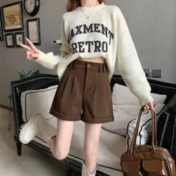 Women Office Lady Summer 2025 Solid Brown Thick High Waist Shorts Korean Style Wide Leg Boot Pants