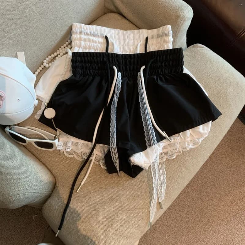 Fake Two Piece Lace Patchwork Skirts Shorts Y2k High Waist Sweet Lantern Shorts for Women 2026 Summer New Casual Short Pants