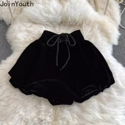 High Waist Black Women Shorts 2025 New Bottoms Bandage Fashion Sweet Black Booty Shorts Cute Velvet Pantalones Cortos De Mujer