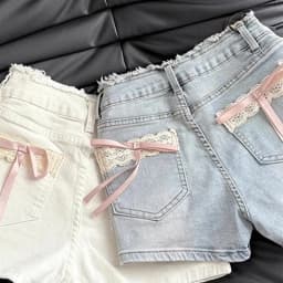 MEXZT Kawaii Bow Denim Shorts Women Cutecore White Lace Short Jeans Summer Fashion Streetwear Korean High Waist Hot Short Pants