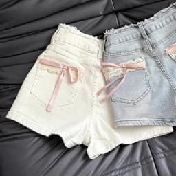 MEXZT Kawaii Bow Denim Shorts Women Cutecore White Lace Short Jeans Summer Fashion Streetwear Korean High Waist Hot Short Pants