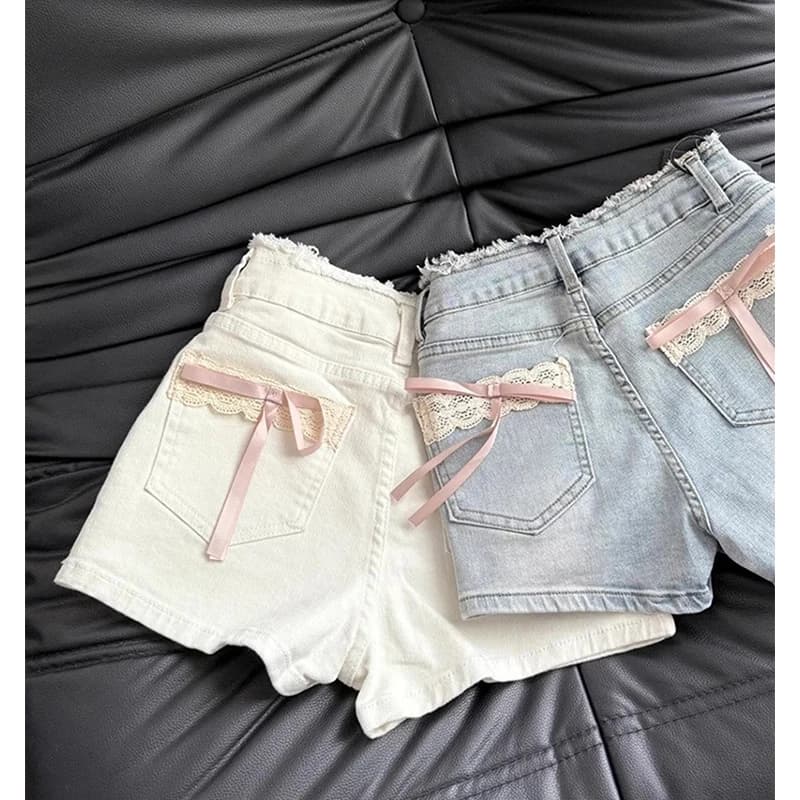 MEXZT Kawaii Bow Denim Shorts Women Cutecore White Lace Short Jeans Summer Fashion Streetwear Korean High Waist Hot Short Pants