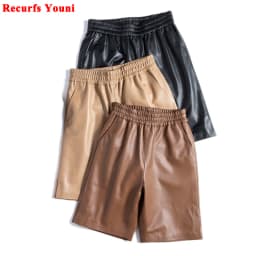 Capable Fashionable Stylish 100% Leather Five-Point Pants For Women Femme Elastic Waist Wide Leg Bermuda Shorts With Pocket