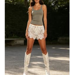 Women Sexy Sheer Layered Lace Shorts White Floral Scalloped Hem Summer Elastic Waistband Drawstring Beach Vacation Mini Shorts