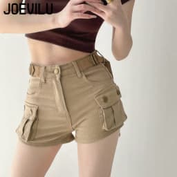 JOEVILU Women Military Green Denim Cargo Shorts Summer High Waisted Loose Wide Leg Y2K Hot Girl Casual Short Pants with Pockets