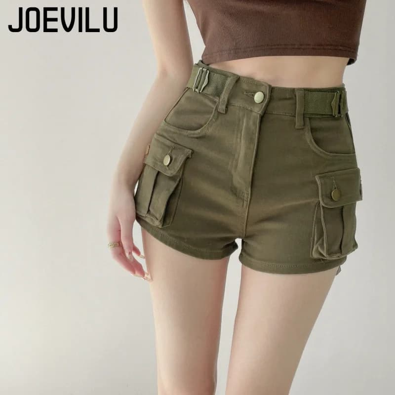 JOEVILU Women Military Green Denim Cargo Shorts Summer High Waisted Loose Wide Leg Y2K Hot Girl Casual Short Pants with Pockets