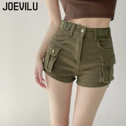JOEVILU Women Military Green Denim Cargo Shorts Summer High Waisted Loose Wide Leg Y2K Hot Girl Casual Short Pants with Pockets