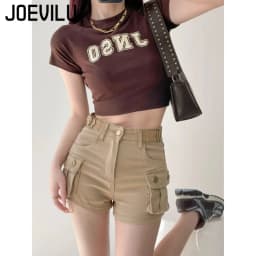 JOEVILU Women Military Green Denim Cargo Shorts Summer High Waisted Loose Wide Leg Y2K Hot Girl Casual Short Pants with Pockets