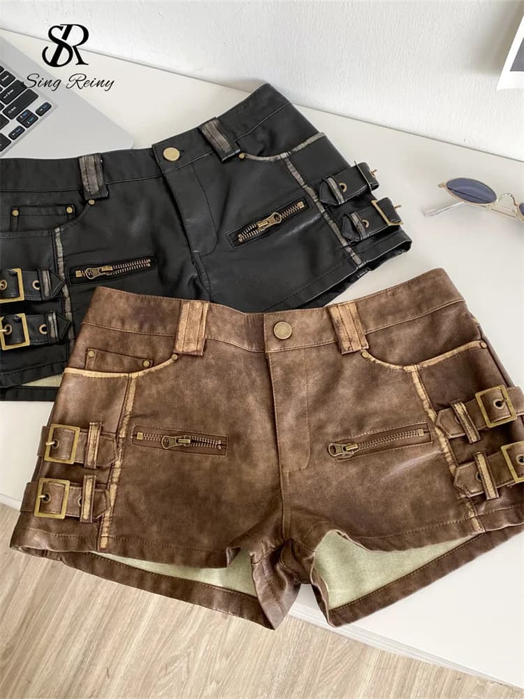 SINGREINY Hot Girl PU Leathers Shorts High Waist Buckle Zipper Design Super Shorts 2025 Autumn Ladies Vintage Streetwear Shorts