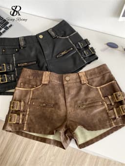 SINGREINY Hot Girl PU Leathers Shorts High Waist Buckle Zipper Design Super Shorts 2025 Autumn Ladies Vintage Streetwear Shorts