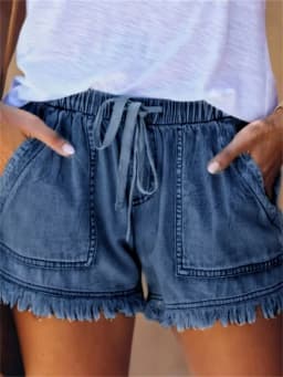 Women’s Denim Shorts Drawstring Elastic Waist Frayed Hem Short Pants Summer Casual Loose Jeans with Pockets