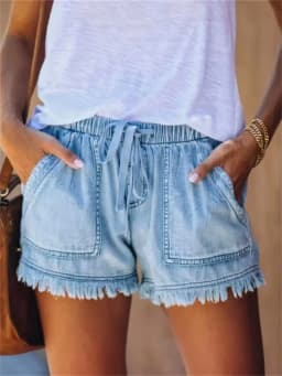 Women’s Denim Shorts Drawstring Elastic Waist Frayed Hem Short Pants Summer Casual Loose Jeans with Pockets