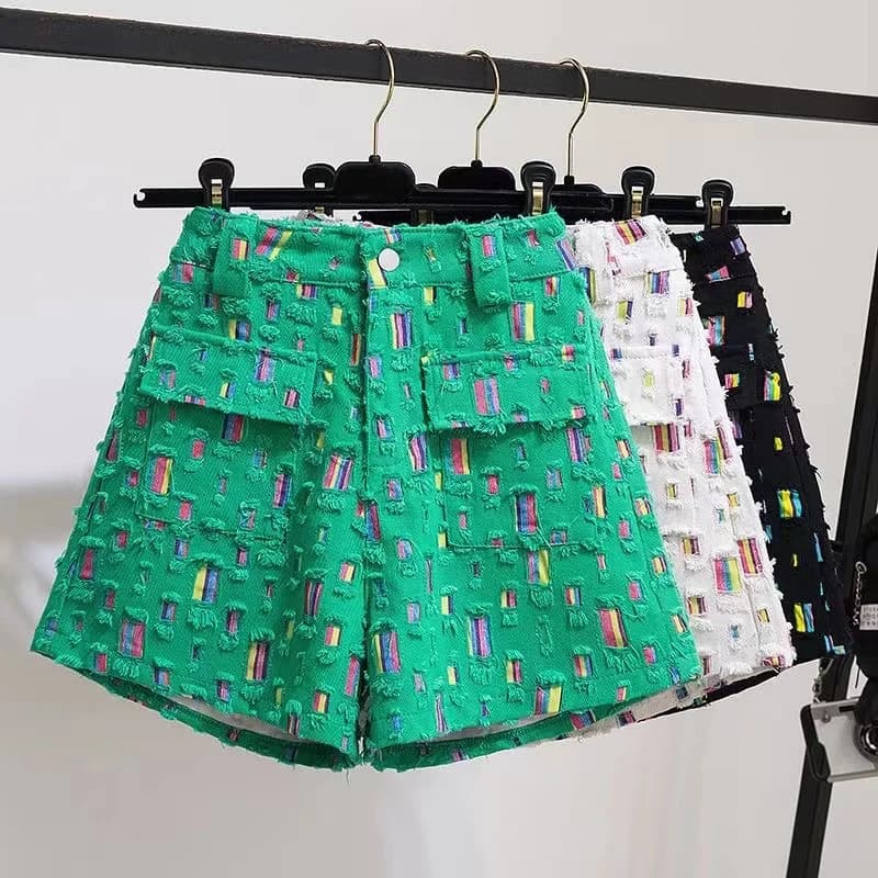 2025 Summer New Personalized Perforated Colorful Patch Denim Shorts Women's Street Clothing High Waist Slim Wide Leg Pants