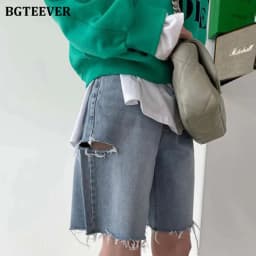 BGTEEVER Spring Summer Loose Ripped Holes Ladies Wide Leg Jeans Shorts High Waist Pockets Straight Women Denim Shorts 2022