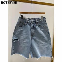 BGTEEVER Spring Summer Loose Ripped Holes Ladies Wide Leg Jeans Shorts High Waist Pockets Straight Women Denim Shorts 2022
