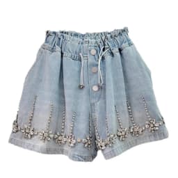 Women Shorts Jeans Wide Leg Short Pants Elastic Waist Button Diamonds Vintage Washed Distressed Summer 2025 Streetwear Denims