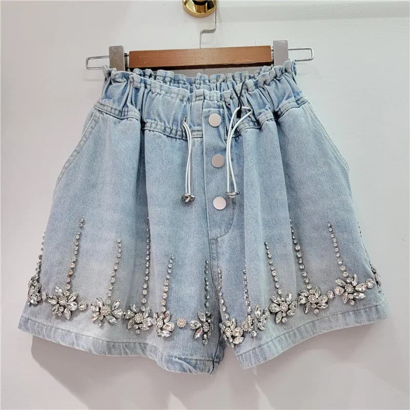 Women Shorts Jeans Wide Leg Short Pants Elastic Waist Button Diamonds Vintage Washed Distressed Summer 2025 Streetwear Denims