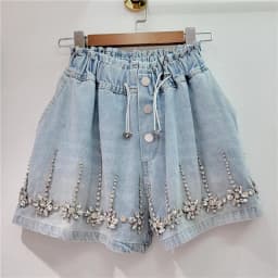 Women Shorts Jeans Wide Leg Short Pants Elastic Waist Button Diamonds Vintage Washed Distressed Summer 2025 Streetwear Denims