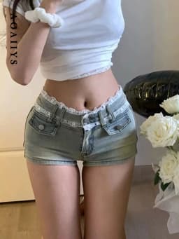 Aoaiiys Blue Jean Shorts Woman Lace Spliced Vintage High Street Denim Mini Short Harajuku Gothic Spice Girls Shorts Summer New