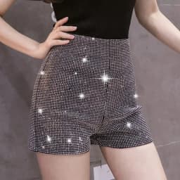 Black Rhinestone Shorts Women Chic Sexy Shiny Full Diamonds Female Stretch High Waist Glittering Bling Were Thin Hip Hot Pants