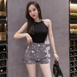 Black Rhinestone Shorts Women Chic Sexy Shiny Full Diamonds Female Stretch High Waist Glittering Bling Were Thin Hip Hot Pants