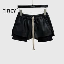 High Street Women's Dark Style Shorts Black PU Leather Elastic Waistband Drawstring Style Showing Leg Length Fashionable Shorts
