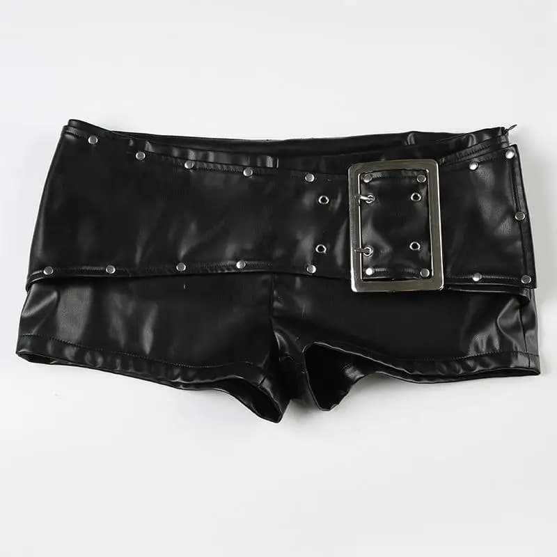 Sexy Rivet Buckle Belt Low Waist Leather Shorts for Women Y2k Spice Girl Punk Style Shorts Autumn New 2026