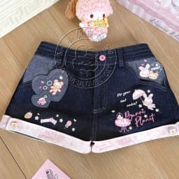 Original Japanese Sweet Girls Cartoon Embroidered Denim Shorts Summer New Daughter Clothing Y2k Shorts Short Sleeve T-shirt