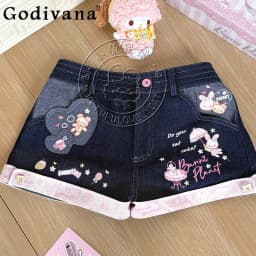 Original Japanese Sweet Girls Cartoon Embroidered Denim Shorts Summer New Daughter Clothing Y2k Shorts Short Sleeve T-shirt