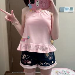 Original Japanese Sweet Girls Cartoon Embroidered Denim Shorts Summer New Daughter Clothing Y2k Shorts Short Sleeve T-shirt