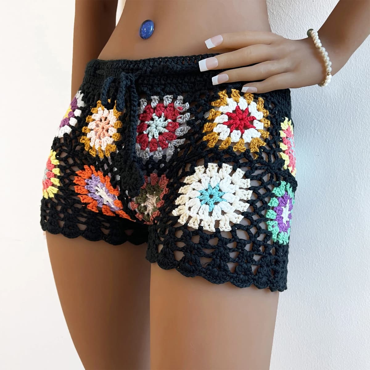 Gaono Y2K Vintage Women's Knit Crochet Shorts Casual Hollow Out Elastic Waist Drawstring Short Pants Lounge Shorts for Summer
