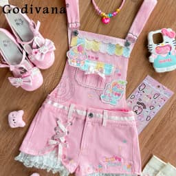 Japanese Soft Girls Kawaii Pink Strap Shorts Detachable Summer New Girl's Cute Bow Lace Embroidery Shorts Daughter's Clothing