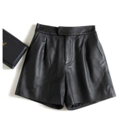 Classic Simple Imported Lambskin Shorts For Women Femme Elastic Waist Wide Leg Pocket Bermuda Leather Pants Mujer Slim Trousers