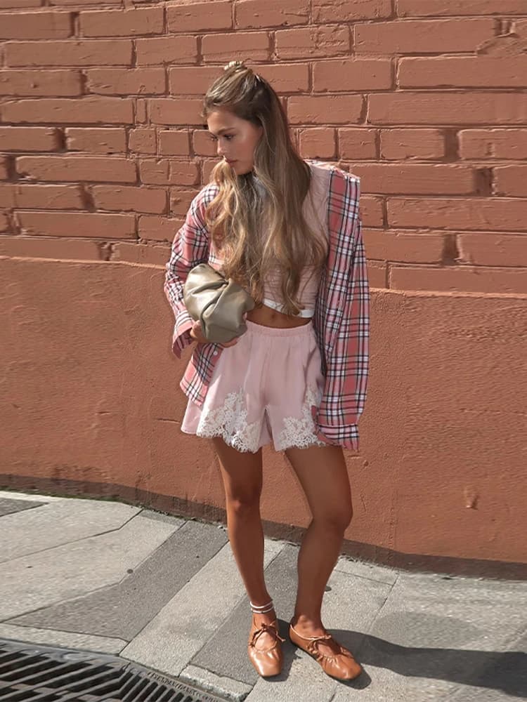 Sexy Satin Shorts Women Loose Elastic Waist Chic Fashion Solid Patchwork Lace Shorts Female 2025 Summer New Party Streetwears