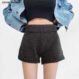 Spring Women Straight Knitting Shorts Girl's Elastic Middle Waist Short Pants Dark Gray Light Gray